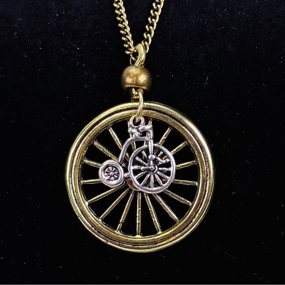 Brass-tone, bicycle wheel, charm pendant, long costume necklace